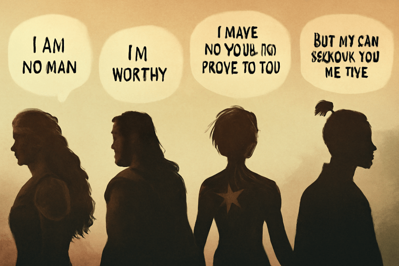 Digital collage of iconic character silhouettes including Éowyn, Thor, Carol Danvers, and Zuko with quote bubbles displaying powerful strength-revealing lines.
