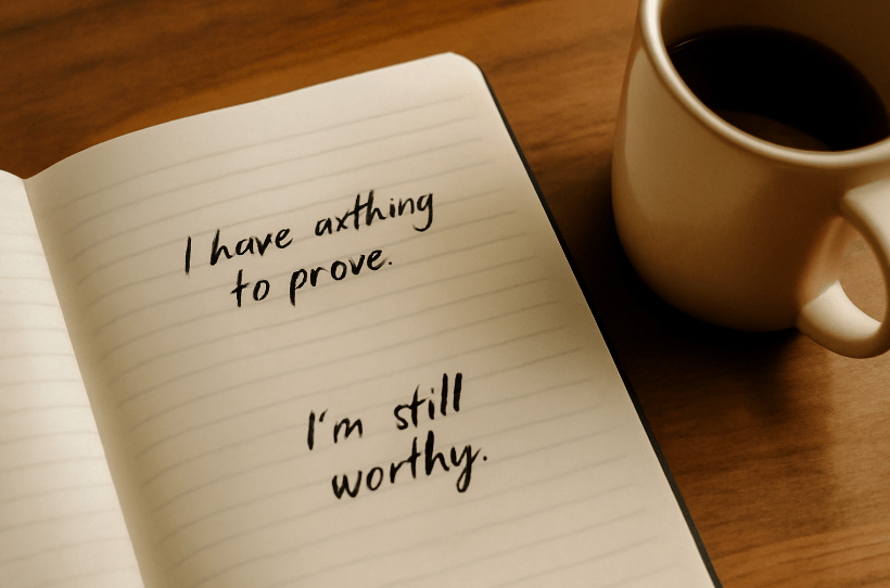 Open notebook with handwritten quotes “I have nothing to prove” and “I’m still worthy,” beside a coffee mug on a wooden desk, symbolizing self-reflection and personal empowerment.