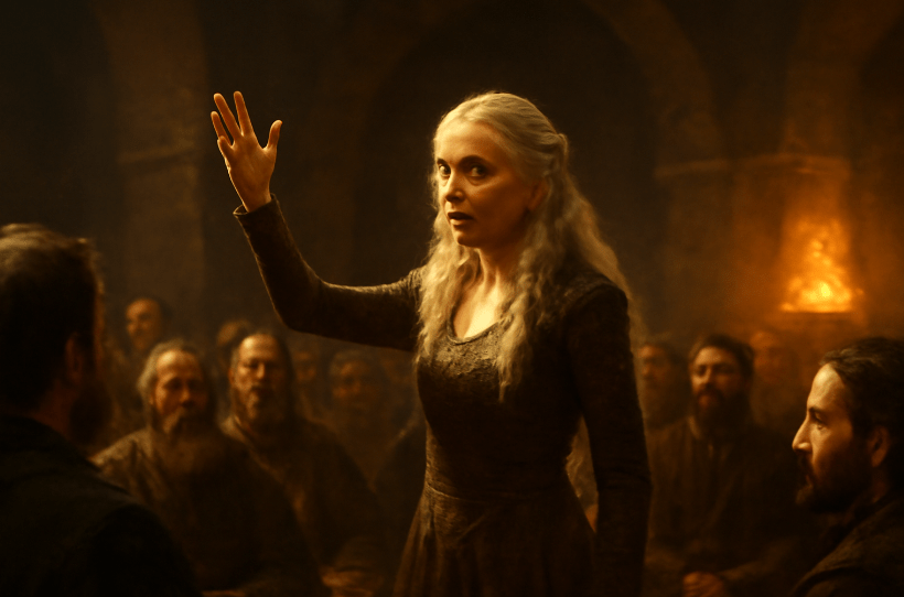 Fantasy scene of a determined silver-blonde woman raising her hand while addressing a group of men in a medieval hall, warm firelight glowing in the background — inspired by Daenerys’s ‘I will take what is mine’ speech.