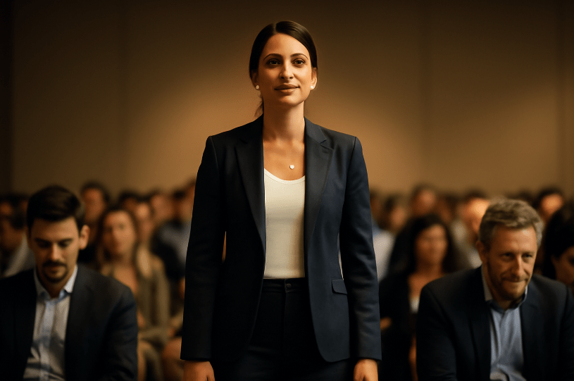 A confident modern woman in a business suit standing tall in a crowded room while others remain seated, symbolizing rising above being overlooked.