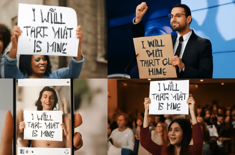 A collage of diverse individuals holding signs that say “I will take what is mine” at protests, speeches, and online posts, symbolizing empowerment and collective action.