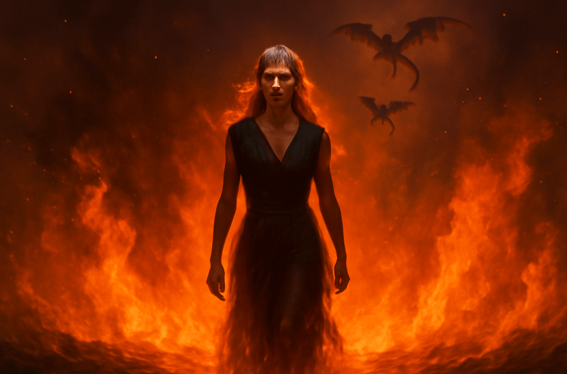 Fantasy scene of a woman with glowing eyes walking through flames unharmed, with dragons flying overhead—symbolizing rebirth, power, and transformation.