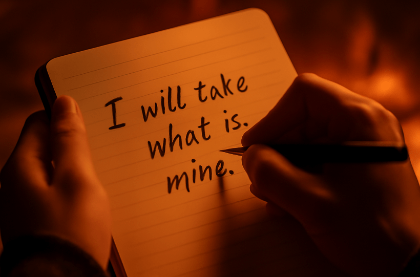 A journal close-up showing the phrase “I will take what is mine” written by hand in warm firelight, symbolizing self-empowerment and determination.