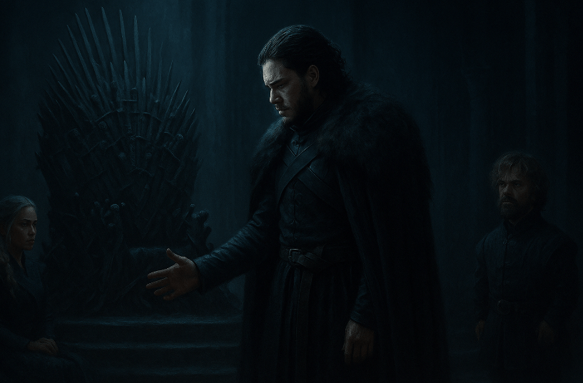 Jon Snow rejecting the Iron Throne in a dark hall with Daenerys and Tyrion watching, symbolizing reluctant leadership in Game of Thrones