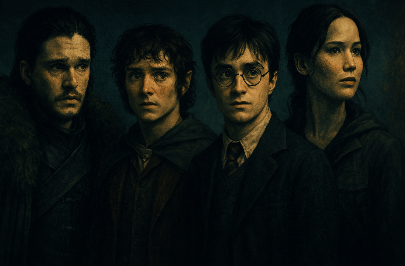 Stylized collage of reluctant heroes Jon Snow, Frodo Baggins, Harry Potter, and Katniss Everdeen, each showing quiet strength and determination