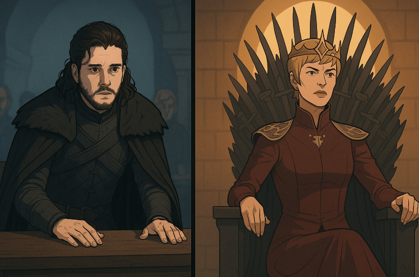 Split-screen illustration of Jon Snow leading a council with humility and Cersei Lannister ruling from the Iron Throne with pride, highlighting contrasting leadership styles in Game of Thrones