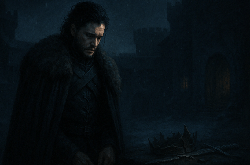 Jon Snow standing alone at night in Winterfell, looking down at a broken crown and sword, symbolizing the burden of leadership and duty in Game of Thrones