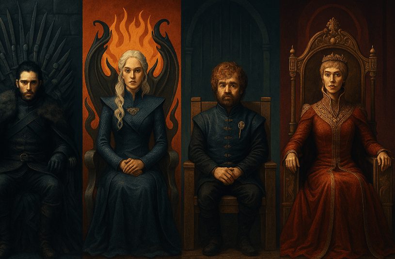 Fantasy illustration of Jon Snow, Daenerys Targaryen, Tyrion Lannister, and Cersei Lannister seated on unique thrones, symbolizing contrasting leadership styles in Game of Thrones