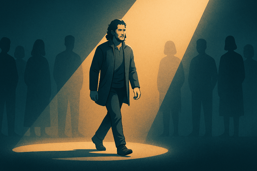 Modern illustration of a quiet man stepping into a spotlight while others stay in shadow, symbolizing reluctant leadership and courage