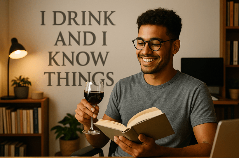 Confident young man smiling while reading a book and holding a glass of red wine in a cozy home office with the quote “I drink and I know things” on the wall.
