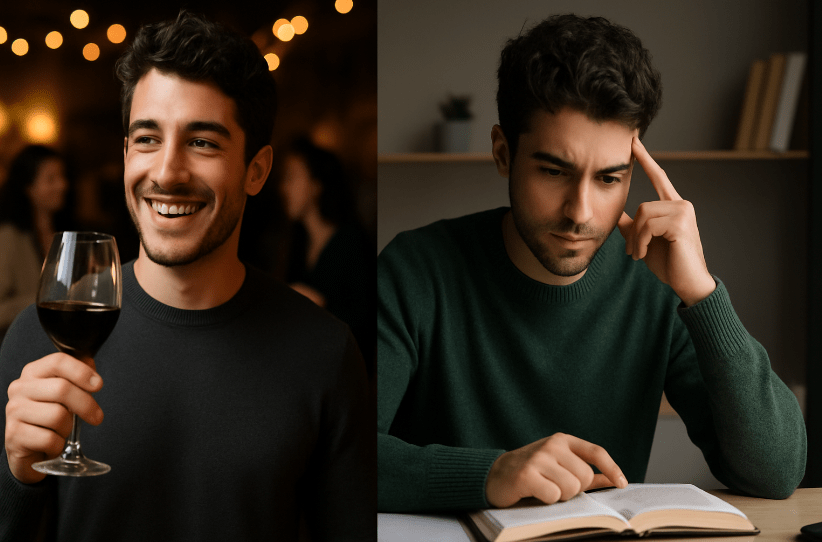 Diptych showing a young Caucasian man with curly hair: on the left, he smiles confidently while holding a glass of wine at a social event, and on the right, he is deeply focused, studying a book in a quiet, thoughtful setting.