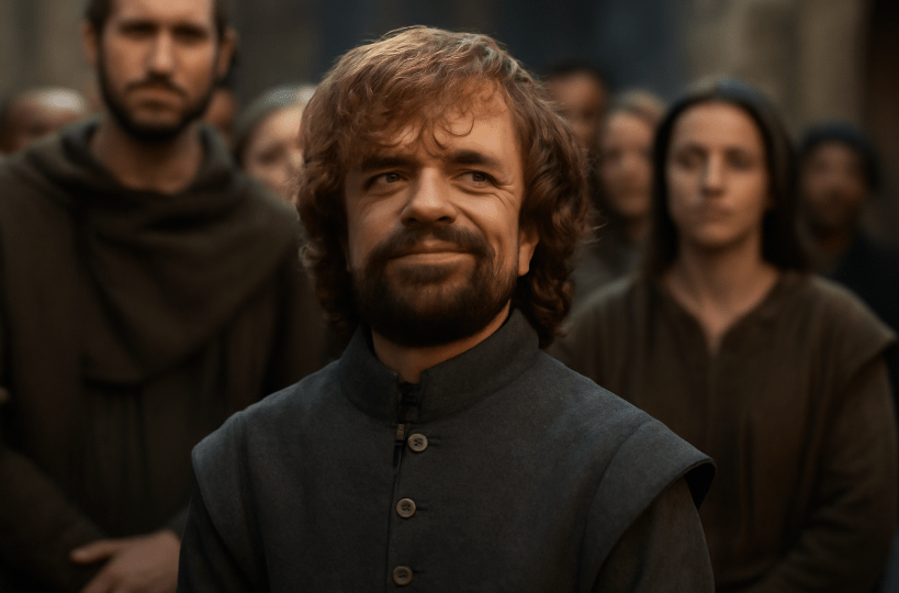 A confident but humble character, inspired by Tyrion Lannister, standing in a medieval town square with a slight smirk. He is surrounded by respectful onlookers, exuding quiet strength and wisdom, wearing a dark gray doublet with bronze details.

