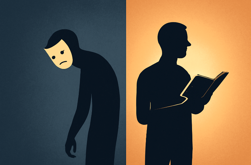 A digital illustration showing two contrasting silhouettes: on the left, a hunched figure wearing a sad mask representing insecurity, and on the right, a confident figure standing tall with an open book, bathed in warm light, symbolizing self-awareness and authentic confidence.

