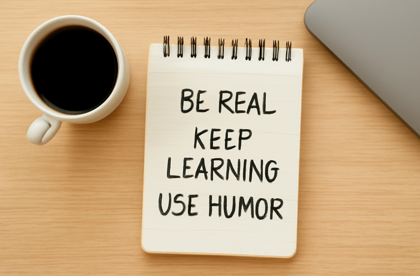 A cozy flat-lay scene featuring a notepad with handwritten motivational phrases like "Be real," "Keep learning," and "Use humor," placed next to a coffee mug and a laptop on a light wooden desk, symbolizing real-world self-growth and personal development.

