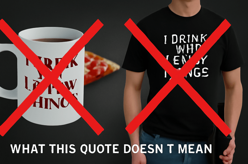 A graphic with a dark background showing two crossed-out items: a coffee mug and a T-shirt, both misusing the quote "I drink and I know things." The caption "WHAT THIS QUOTE DOESN'T MEAN" is displayed below, highlighting the misinterpretation of the phrase.

