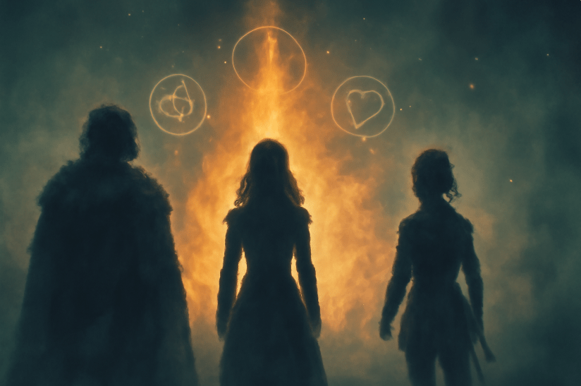 Three shadowed figures—symbolizing Jon Snow, Daenerys, and Arya—stand before a mystical fire with glowing prophecy symbols overhead, representing the ambiguity of Melisandre’s “You are the chosen one” prophecy in Game of Thrones. 