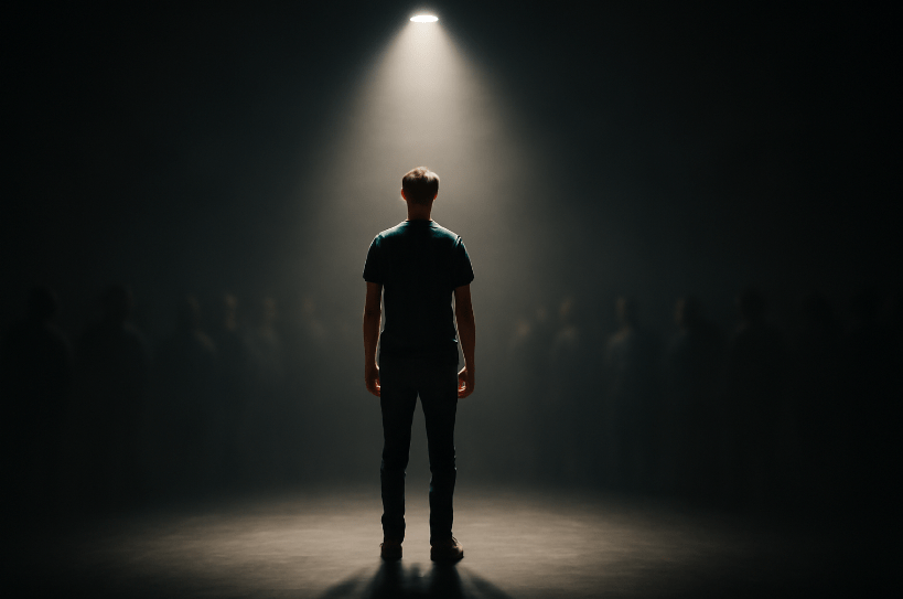 A modern person standing alone under a spotlight on a dark stage, surrounded by shadowy onlookers—symbolizing societal pressure and the weight of expectations. 