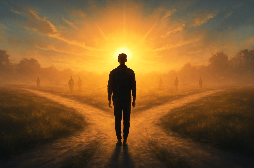 A person standing at a sunrise-lit crossroads with fading shadows behind them—symbolizing self-choice, personal growth, and breaking free from others’ expectations. 