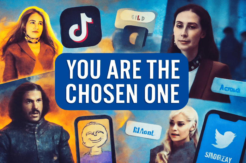 Digital collage featuring Melisandre’s quote “You Are the Chosen One” surrounded by Game of Thrones characters, TikTok, Twitter icons, and memes—highlighting the quote’s impact on pop culture and modern social media. 