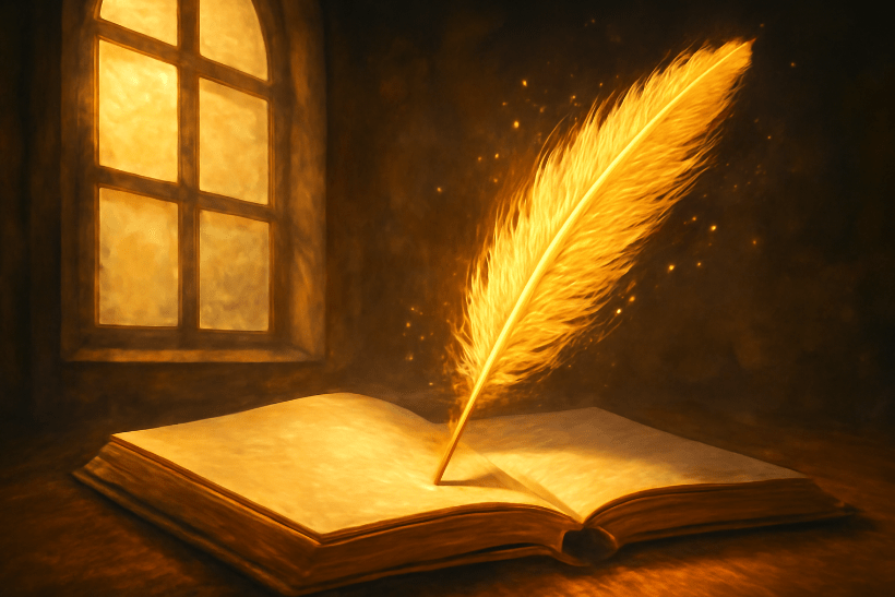 A glowing quill writing in an open book with blank pages, illuminated by soft golden sunlight through a window—symbolizing self-authored destiny and purposeful choice. 