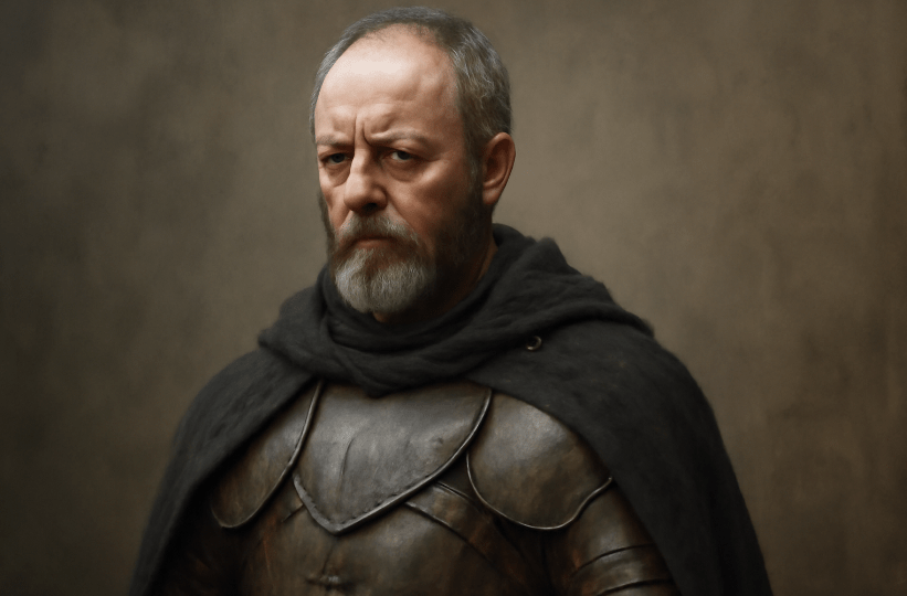 Middle-aged knight in worn armor and cloak with a contemplative expression, symbolizing loyalty, identity, and integrity, set against a muted, earthy background