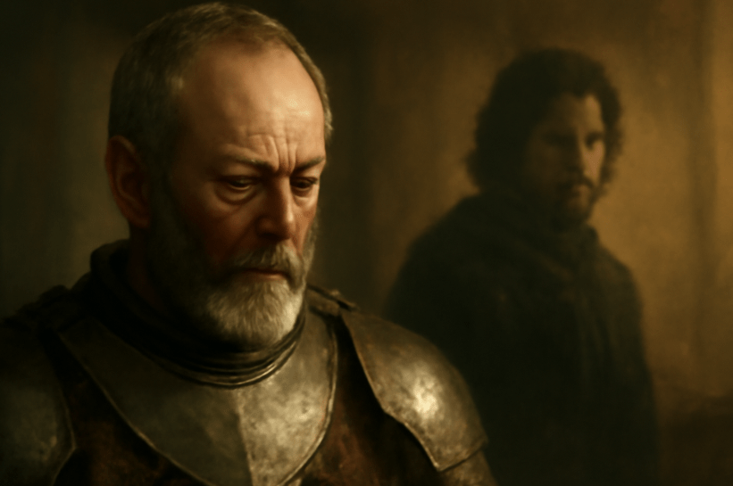 A thoughtful, battle-worn knight in medieval armor, reflecting in a dimly lit room, with a faint silhouette of a loyal companion in the background, symbolizing his commitment to loyalty