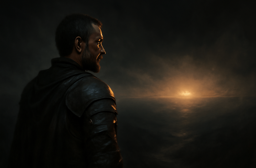 A battle-worn knight in medieval armor gazing toward a distant glowing light on the horizon, symbolizing hope and purpose, set against a dark, tumultuous background.