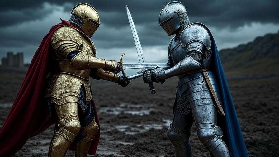 Artisans forging a blue and silver steel breastplate with crescent motifs in a medieval workshop, reflecting the crafting of Brienne of Tarth’s armor in Game of Thrones.