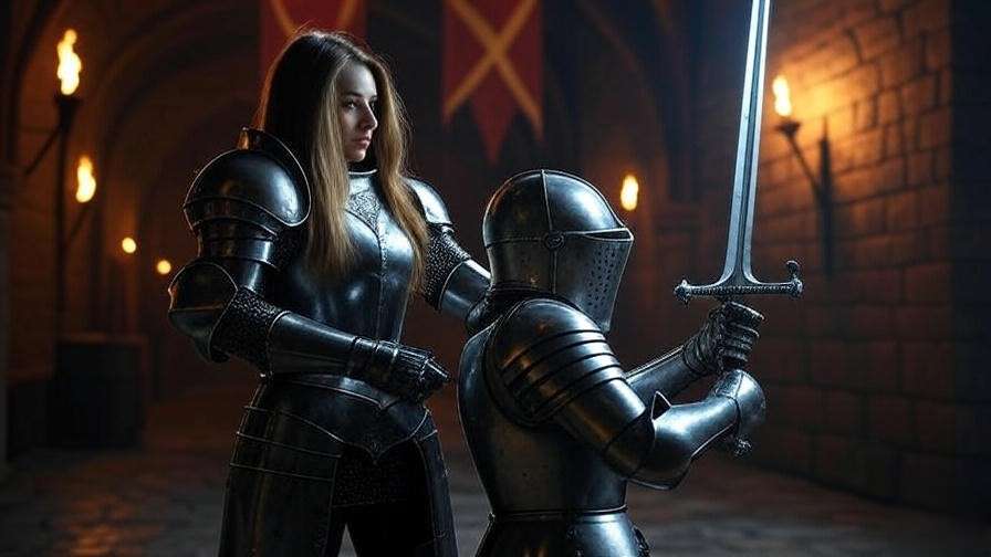Brienne knighting a figure with Oathkeeper in a dimly lit hall with medieval banners.
