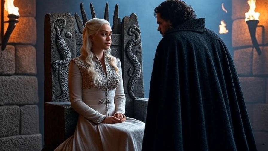 Jon Snow and Daenerys Targaryen face each other in Dragonstone’s throne room, surrounded by stone walls and dragon carvings, capturing their tense first meeting in Game of Thrones.