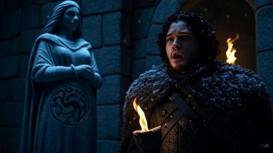 Jon Snow stands in Winterfell’s crypt before Lyanna Stark’s statue, illuminated by torchlight, with a Targaryen sigil revealing his heritage in a Game of Thrones scene.