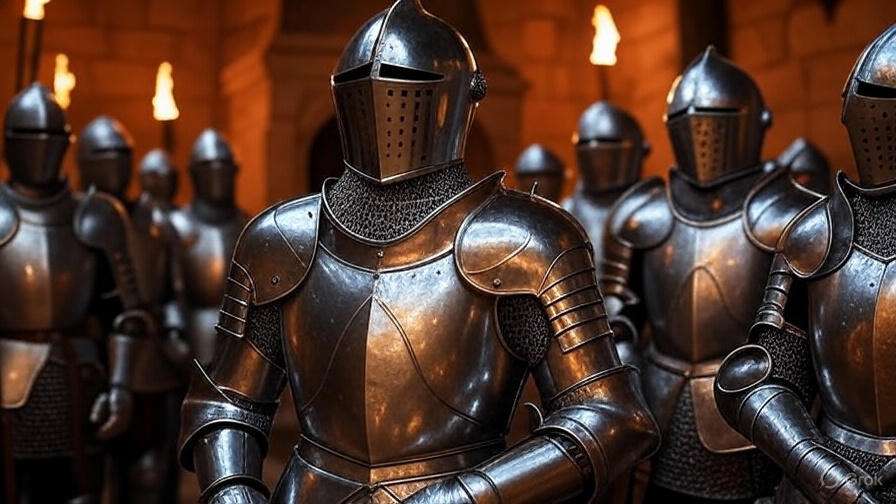 Brienne of Tarth’s knighthood ceremony in gleaming armor, surrounded by knights in a Game of Thrones torchlit hall.
