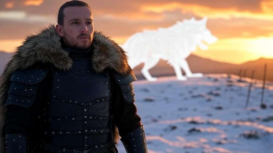 Jon Snow in Lord Commander fur-lined armor on battlefield with direwolf silhouette at sunset.