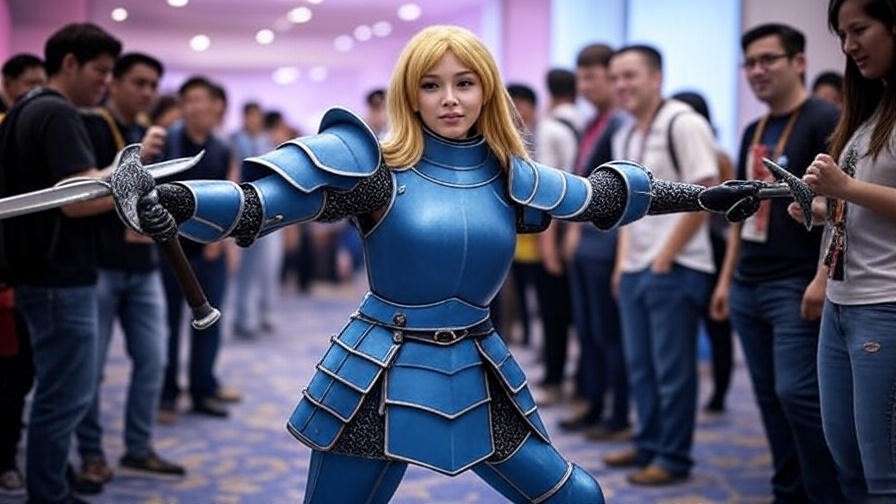 Cosplayer as Brienne of Tarth in blue armor from Game of Thrones set of books, fantasy convention.