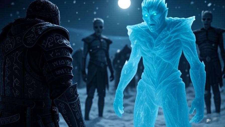 Jon Snow confronting the Night King on a snowy battlefield with White Walkers, symbolizing the great darkness in Game of Thrones.