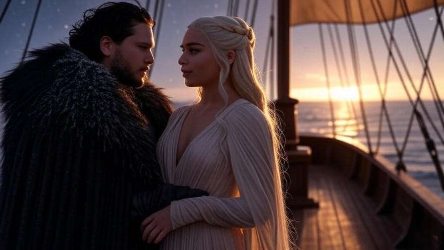 Jon Snow and Daenerys Targaryen share a tender moment on a ship’s deck at twilight, with a golden sunset and calm sea, capturing their romance in a Game of Thrones scene.