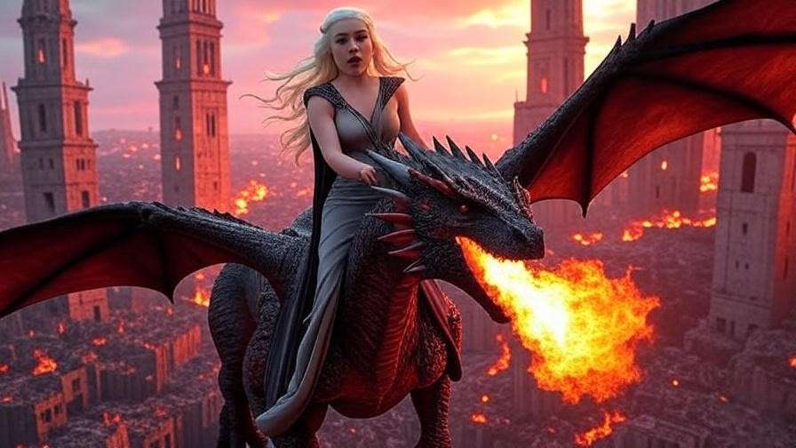Daenerys Targaryen rides a dragon over a burning King’s Landing, flames and smoke rising from the ruins, capturing her tragic descent in a Game of Thrones scene.