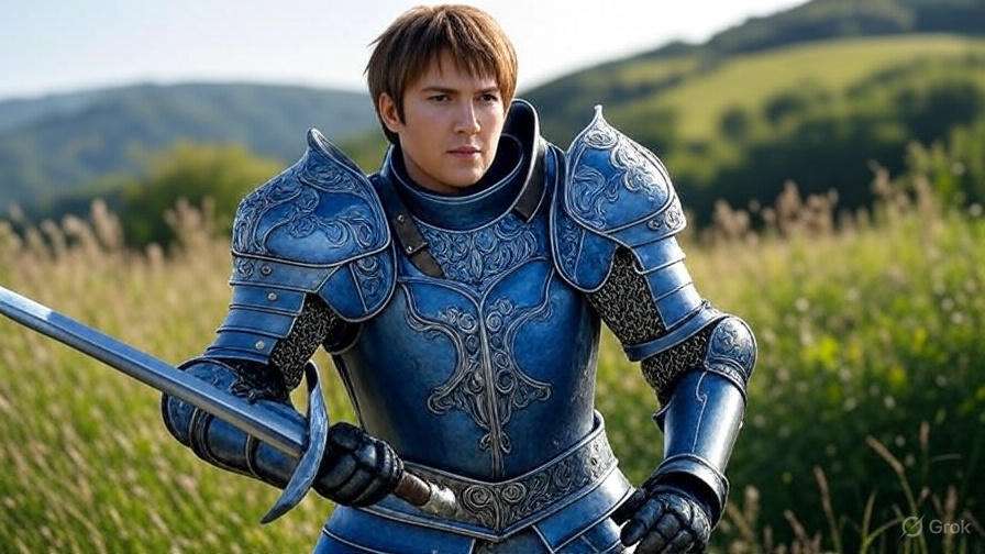 Cosplayer in Brienne of Tarth’s Season 8 armor posing with sword in a natural Game of Thrones-inspired setting.