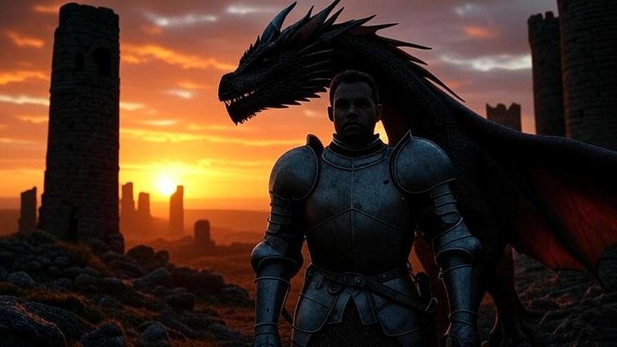 Jon Snow and Drogon silhouette at sunset in Game of Thrones