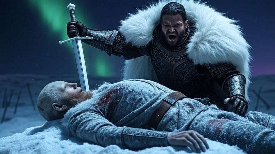 Jon Snow victorious over White Walker with Longclaw on frozen battlefield.