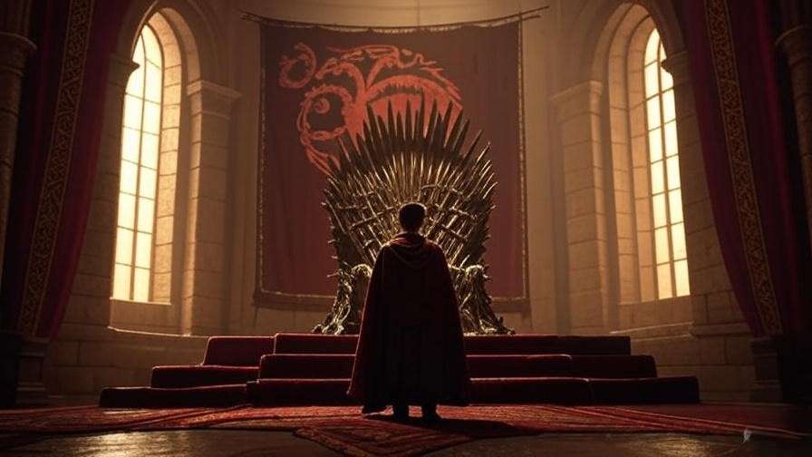 A majestic 16:9 image of the Iron Throne in a grand hall with a dragon banner, with a silhouetted figure facing it, representing Jon Snow’s Targaryen legacy in Game of Thrones.