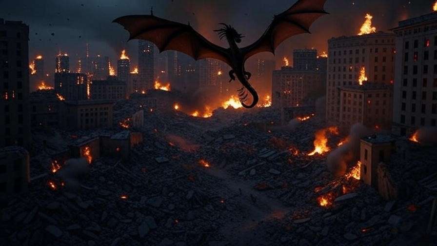 Burning King’s Landing with dragon overhead symbolizing Jon and Dany’s conflict
