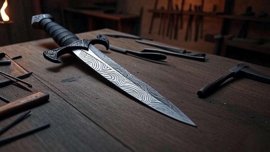 Detailed design of Bran Stark's catspaw dagger, showcasing Valyrian steel ripples and dragonbone hilt in a workshop.