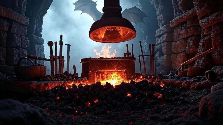 Valyrian steel forge with dragon silhouette and forging tools in a medieval fantasy setting