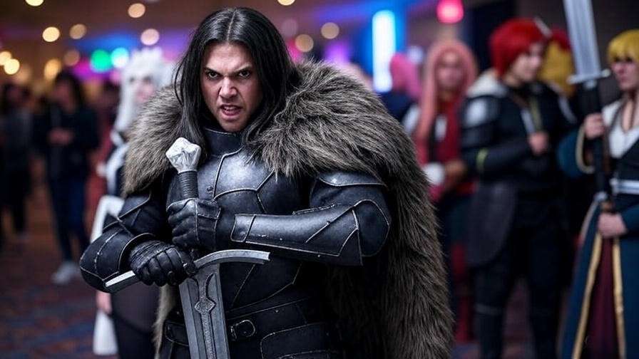 Cosplayer as Jon Snow with Longclaw replica at convention.