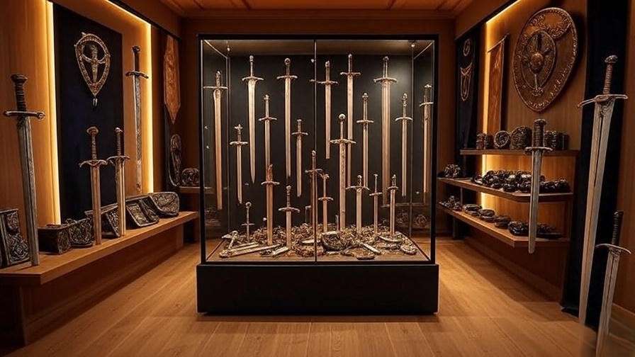 Display case with Blackfyre and Dark Sister replicas and Game of Thrones memorabilia