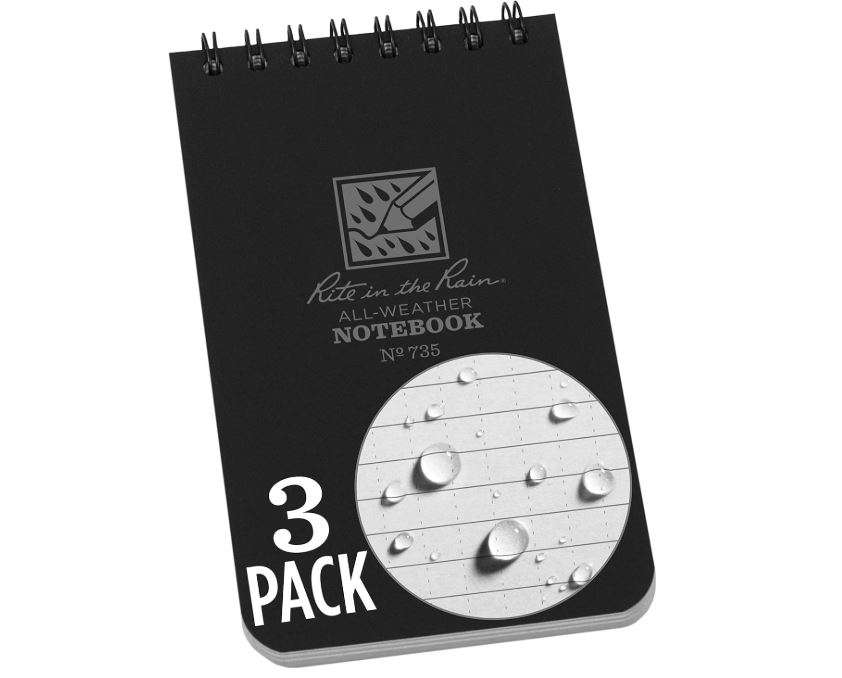  Rite in the Rain Weatherproof Top Spiral Notebook, 3" x 5", Black Cover, Universal Pattern, 3 Pack (No. 735-3X)
