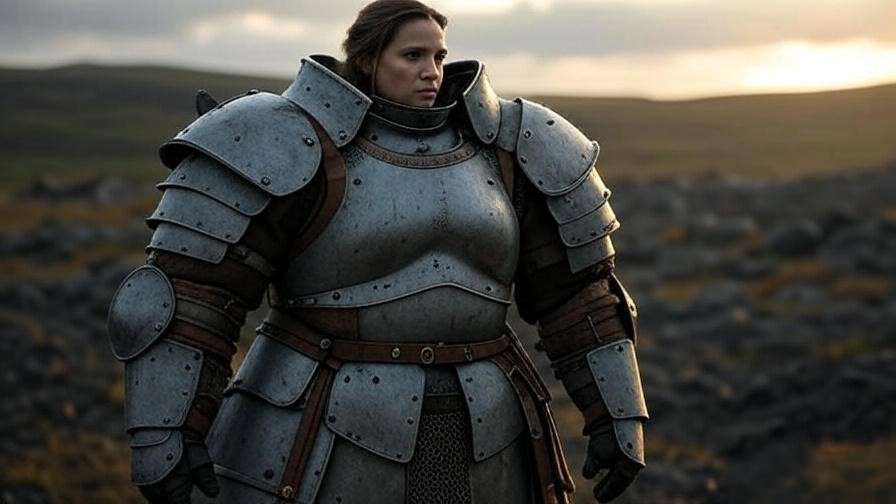 Close-up of Brienne of Tarth’s early bulky armor on a Westeros battlefield, symbolizing her outcast journey in Game of Thrones.