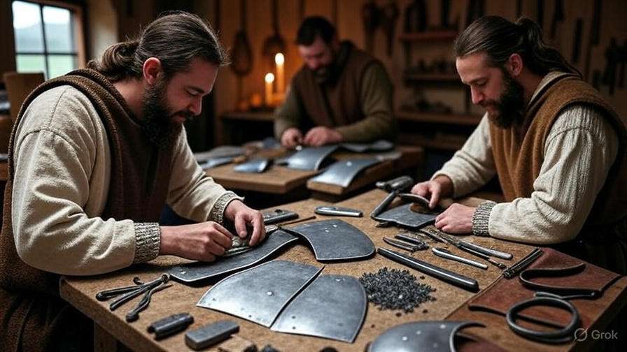 Behind-the-scenes of crafting Brienne of Tarth’s armor in a Game of Thrones workshop with sketches and steel plates.