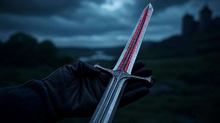 Close-up of Oathkeeper Valyrian steel sword with red and grey ripples in a stormy Westerosi landscape.